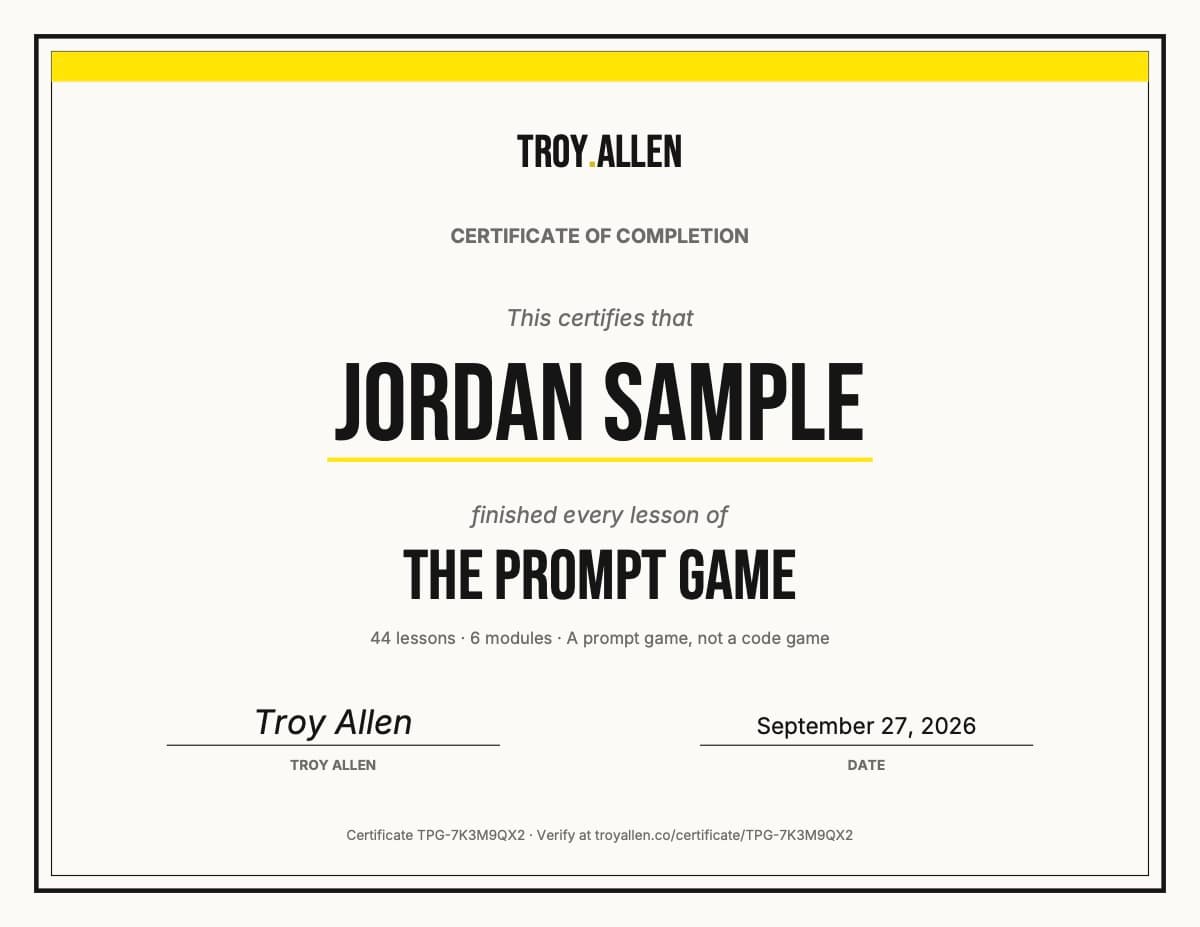 A sample certificate of completion for The Prompt Game